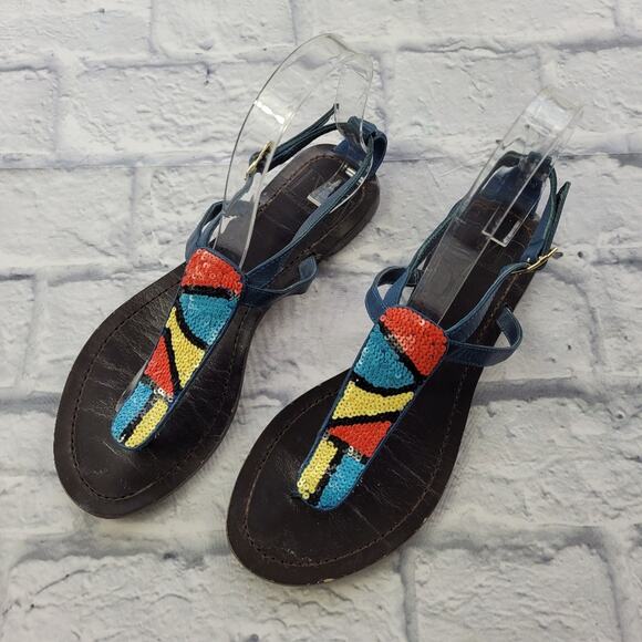 Diane von Furstenberg DVF Blue T-strap Sequin Colorblock Sandal size 6 1/2 - Picture 2 of 16